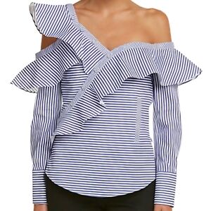 V Cristina Off Shoulder Blouse Blue White Women Large Ruffle Asymmetric Flounce